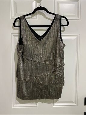 Roz & Ali Silver Metallic Tiered Ruffle Tank Top